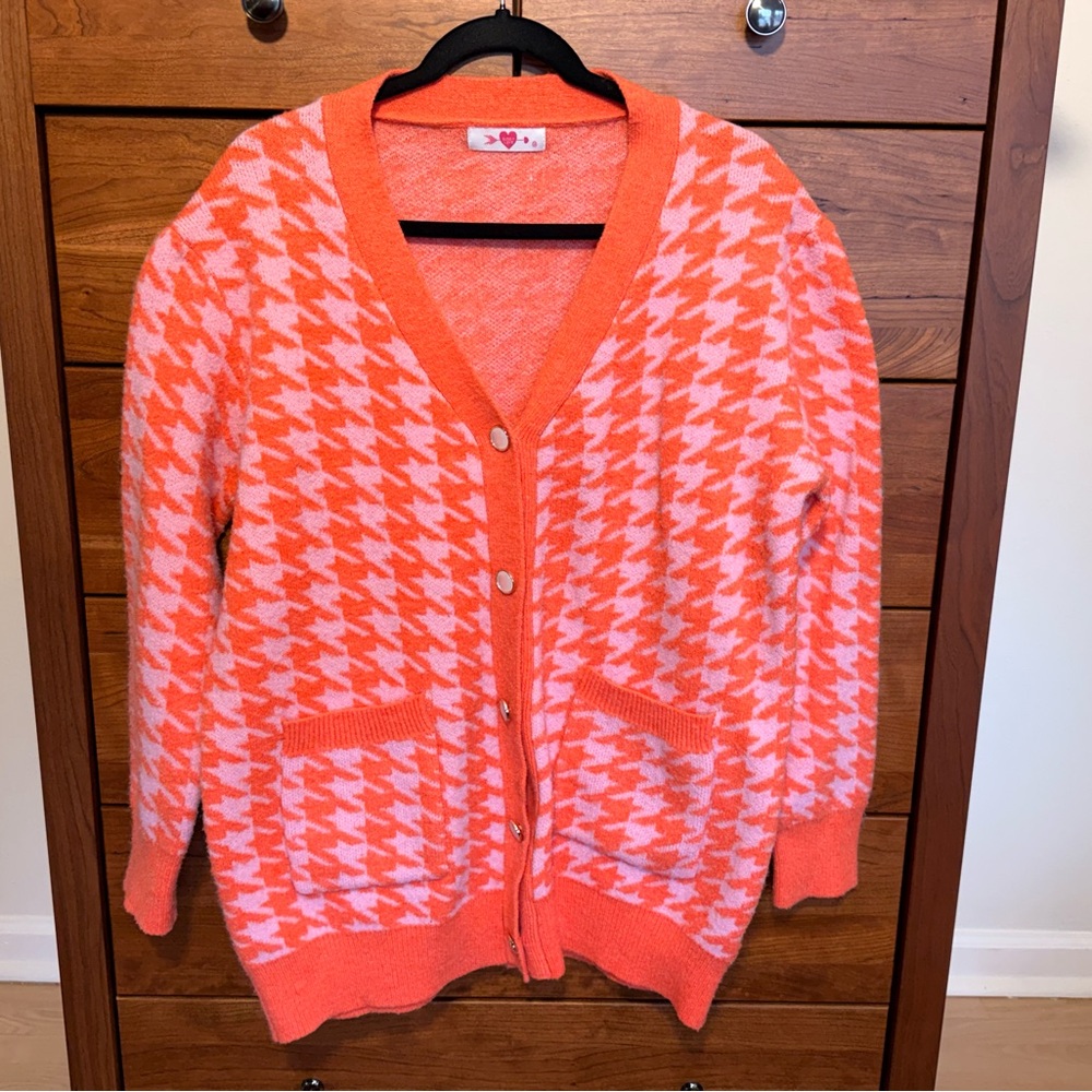 Oversized Orange and Lavender Houndstooth Women's Sweater